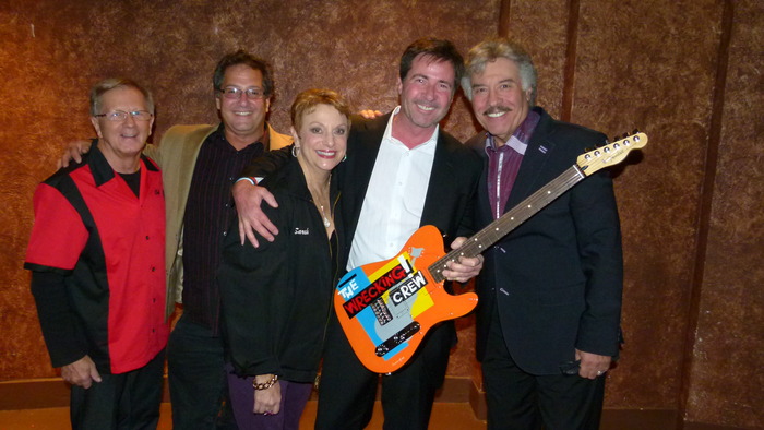 Wrecking Crew Guitar presented to Sponsor Tony Stubblefield by Bob & Sarah Heil.  Left to right.  Bob Heil, Denny Tedesco, Sarah Heil, Tony Stubblefield and Tony Orlando